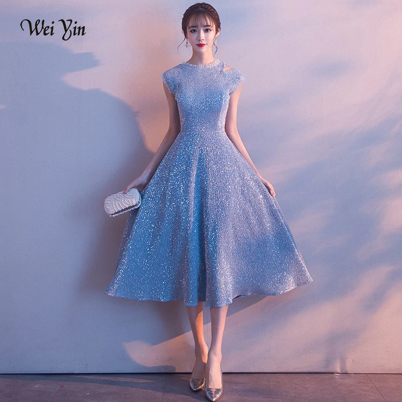 

Weiyin синее вечернее платье с вырезом лодочкой длиной до середины икры, новинка 2020, вечерние платья без рукавов для выпускного вечера, бижутер...