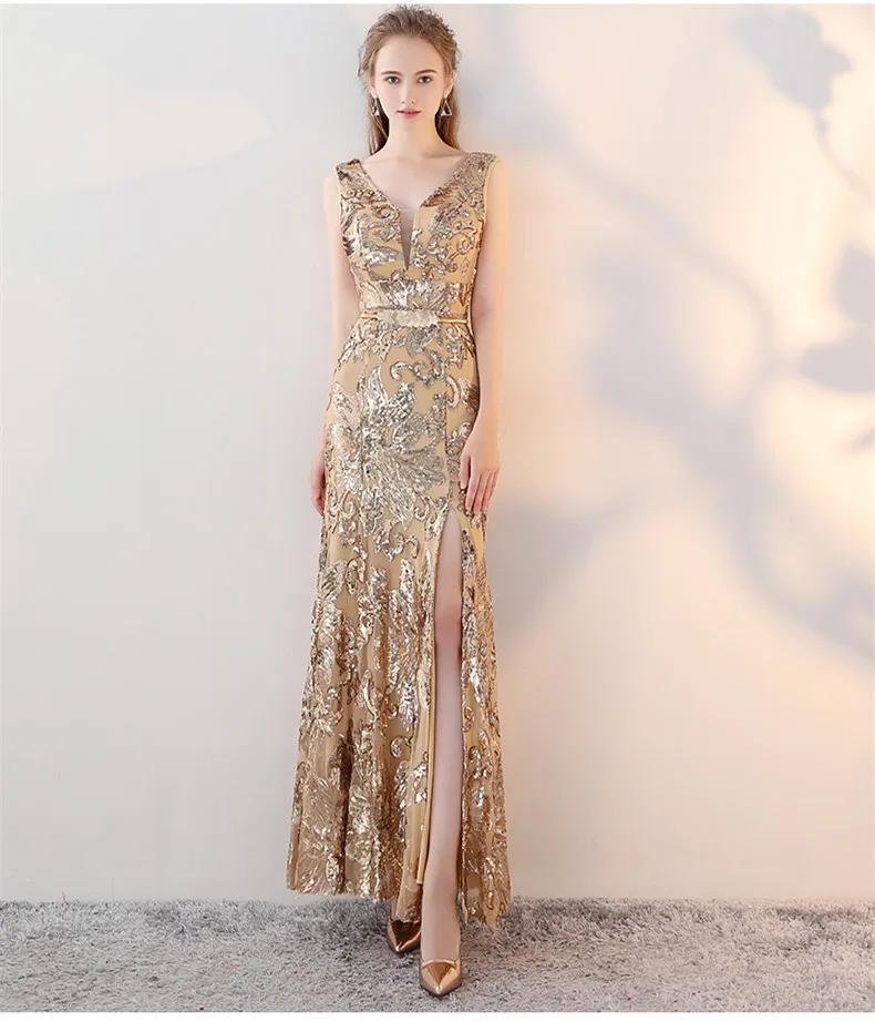 Женское вечернее платье с блестками длинное золотистое V образным вырезом