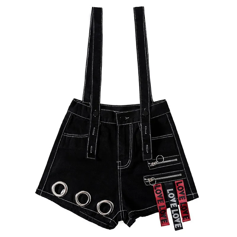 

High Street Womens New Personality Suspender High Waist Denim Shorts Metal Zipper Ring Sequins Pockets Hip Hop Casual Overcalls