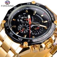 forsining golden stainless steel three dial design mens racing sport automatic wrist watches top brand luxury relogio mechanical