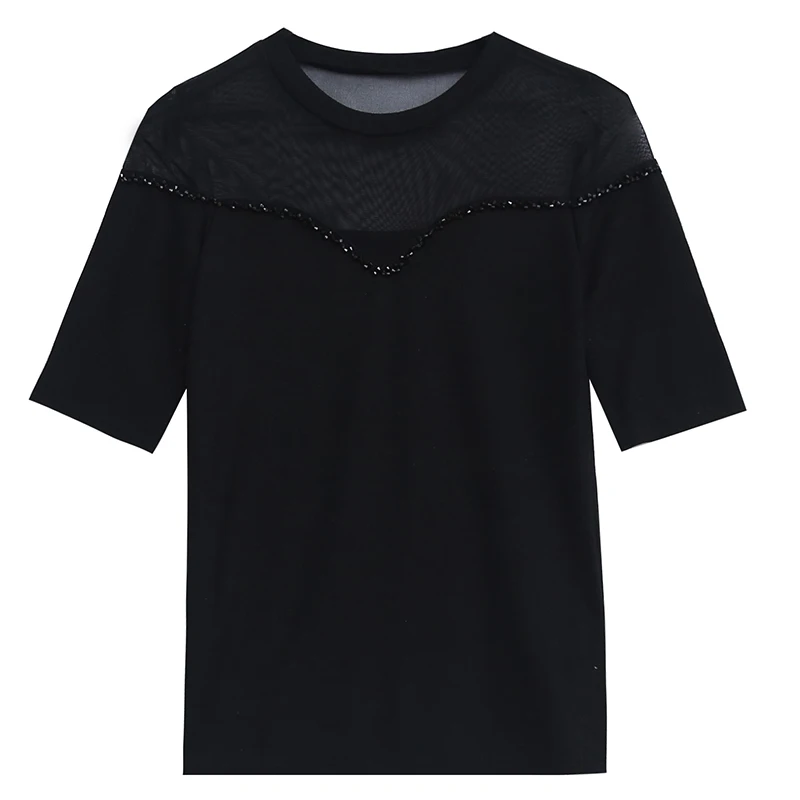 

Sexy Mesh Patchwork 2019 New Summer TShirt O-Neck Short Sleeve Women Beading Tops Camiseta Mujer Tshirt Woman Casual T93006
