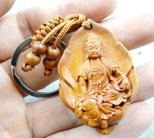 Кольцо для ключей Guanyin из красного дерева с трехмерной гравировкой реалистичное