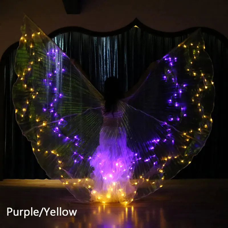 Purple Yellow Светодиодный живота Танцы крылья светодиодный живота Танцы аксессуары светодиодный крыльев Исиды 360 градусов живота Танцы Опора с украшением в виде крыльев бабочки; восточные крыло - Цвет: Purple Yellow