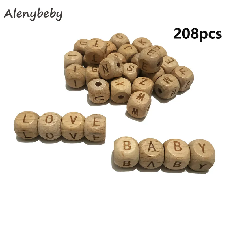 Letter 208pcs Квадратный Деревянный Алфавит Прорезыватель 12 мм Натуральный Бук деревянные буквы бусины для ювелирных изделий игрушки делая DIY Детский аксессуар для прорезывания зубов - Цвет: Letter 208pcs