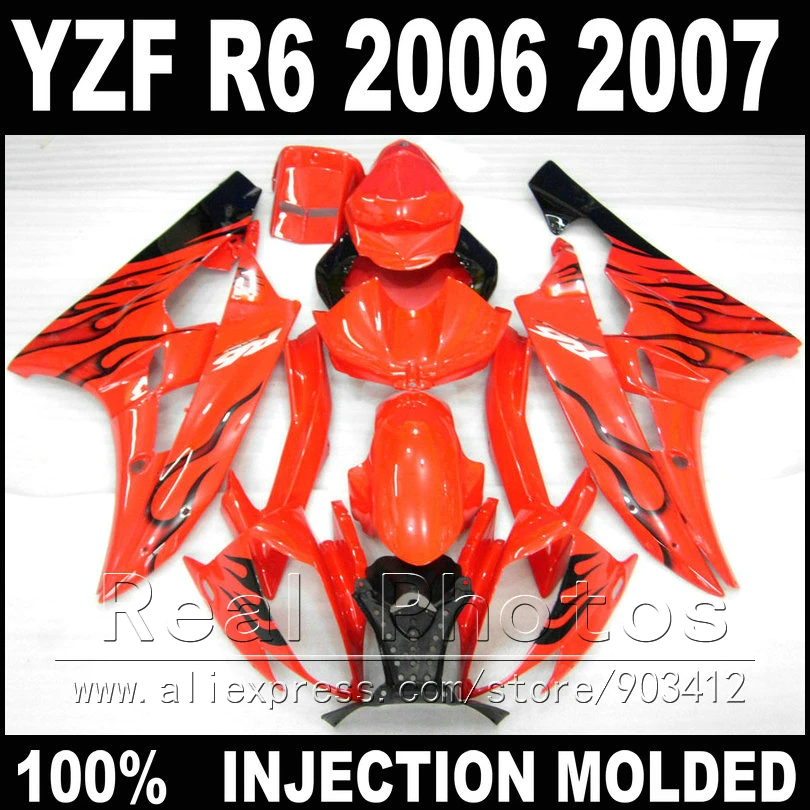 

100% Fit for YAMAHA R6 fairing kit 06 07 Injection molding black flame in red 2006 2007 YZF R6 fairings