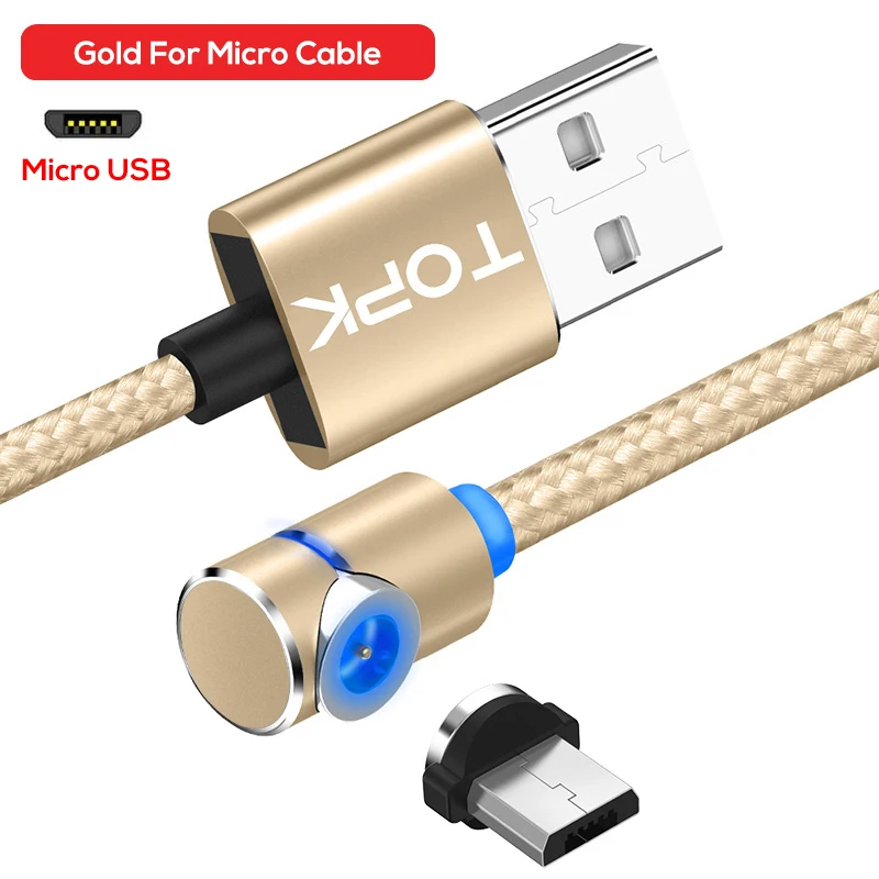 Gold Micro Cable TOPK L-Line1 L Shap 90 градусов Магнитный USB кабель, Магнит usb type C кабель и Micro USB кабель и USB кабель для iPhone X 8 7 Plus - Цвет: Gold Micro Cable