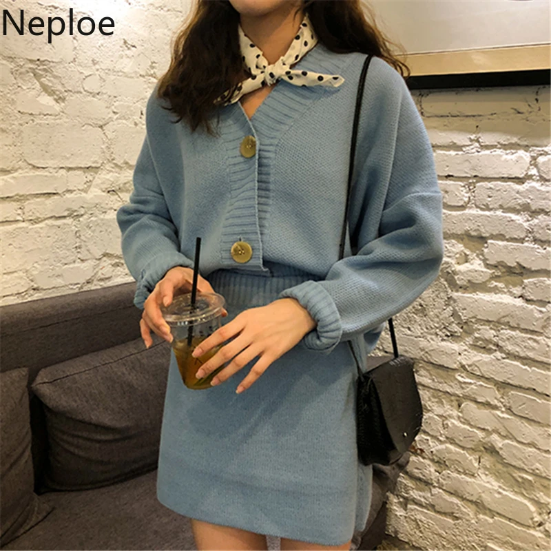 Neploe вязаный женский комплект 2 шт. корейский свитер кардиган женские юбки-карандаш наборы зимние свитера костюмы из двух частей
