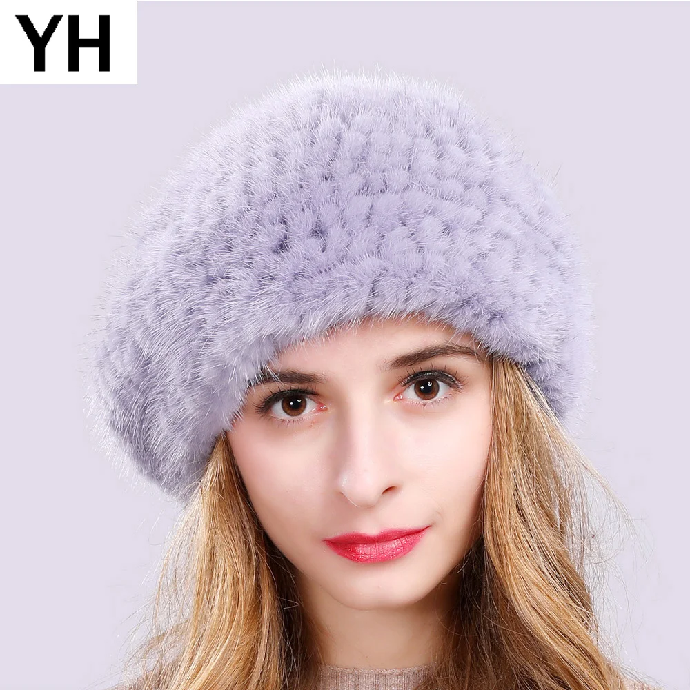 Шапка бини женская из натурального меха норки стильная вязаная эластичная шапка