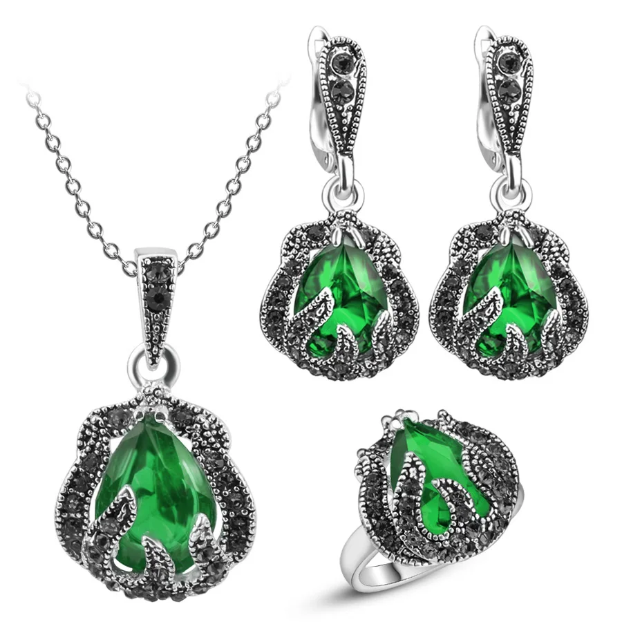 Модные свадебные украшения 3 шт./компл. Water Drop Ювелирные наборы для Для женщин Серебряный Акриловые Хрустальное винтажное ожерелье и серьги и кольцо женский