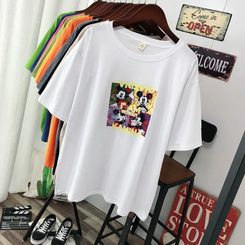 Летняя мультяшная Минни футболка с Микки-Маусом, женские хлопковые милые топы с коротким рукавом и принтом, женские футболки размера плюс, свободная футболка