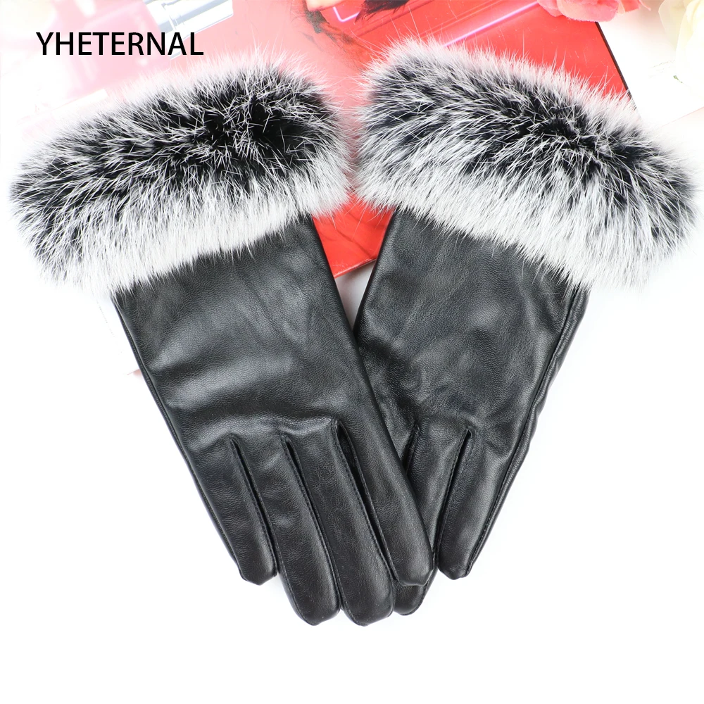 YHETERNAL 2023 Women Winter Fashion Touch Screen Glove PU leather Real Rabbit fur Luvas Female Fashion Outdoor Motorcycle Gloves