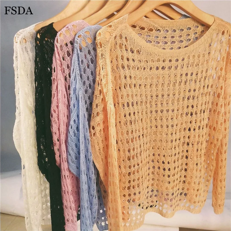 Женская ажурная блузка FSDA белый вязаный свитер с круглым вырезом и длинными