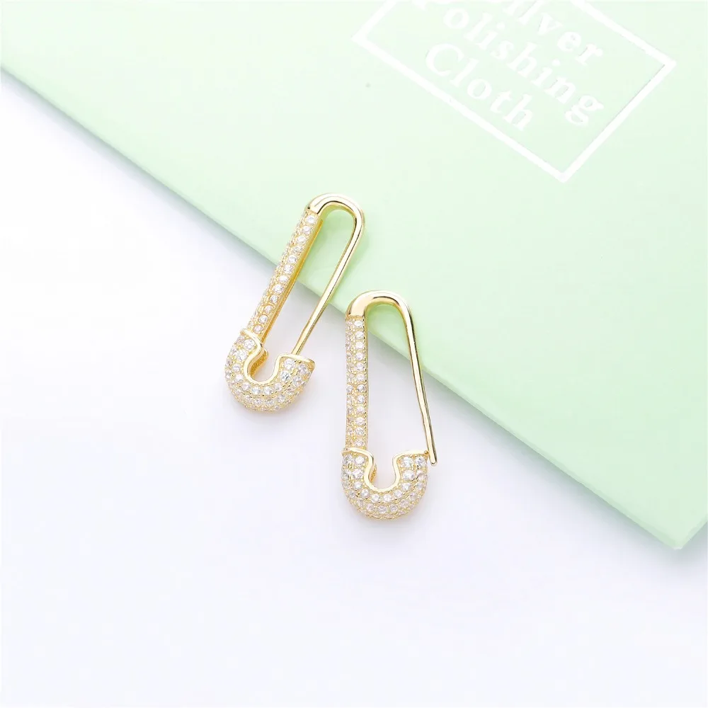 

Slovecabin 925 Sterling Silver Women European Crystal Zircon CZ Clear Safety Pin Pair Earring Unique Design Marriage Jewelry