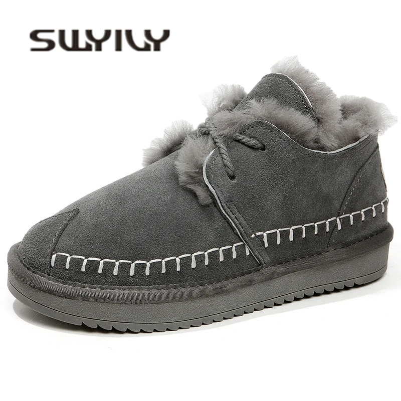 SWYIVY/женские зимние ботильоны с шерстяным мехом; Новинка года; женские зимние ботинки из натуральной кожи; теплые женские зимние ботинки на плоской подошве с мехом овчины