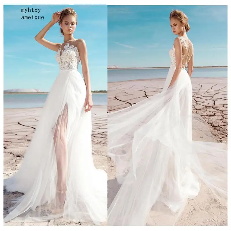 

Кружевное дешевое свадебное платье 2020 с разрезом по бокам аппликации трапециевидной формы Сексуальное Женское Платье романтический свадебный для невест Mariage