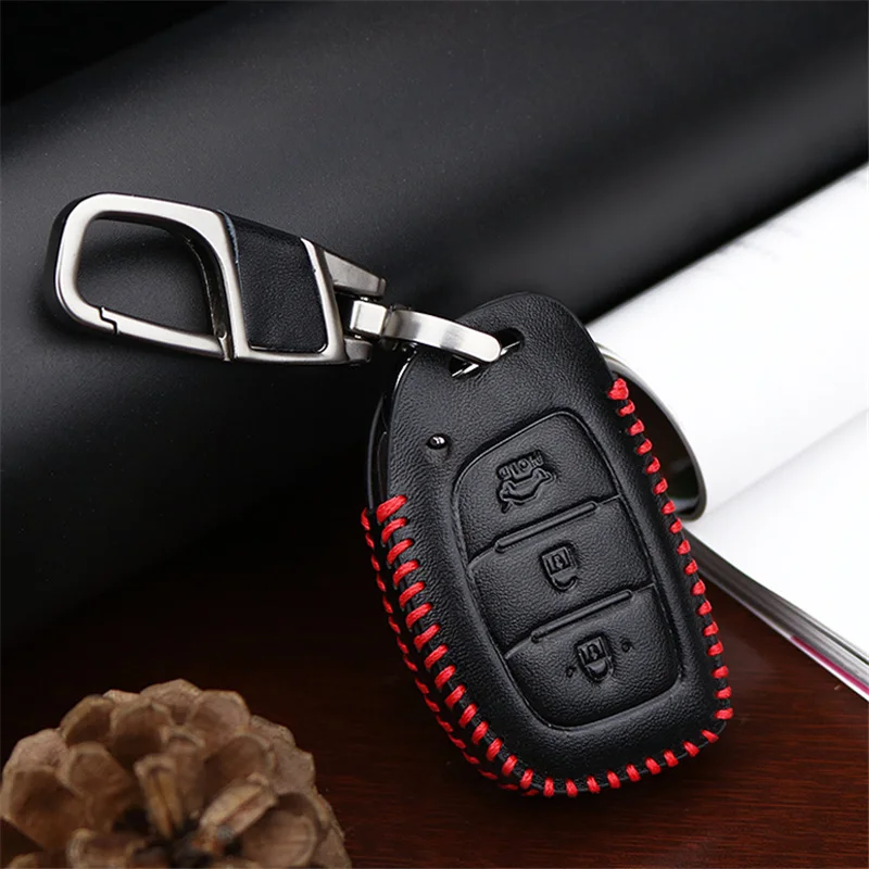 Real Leather Car Smart Key Shell Case Cover For Hyundai IX35 Hb20 I30 IX20 I10 Solaris 2017 Creta Getz Chain Holder | Автомобили и