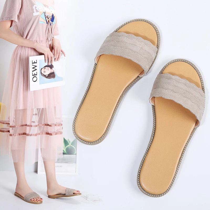 Женские шлепанцы STQ замшевые на плоской подошве с закругленным носком пляжная