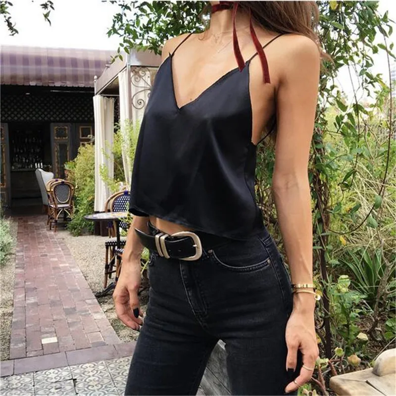 2017 Сексуальная Атласная Твердые V Шеи Fringe Спагетти Ремень Растениеводство Топы