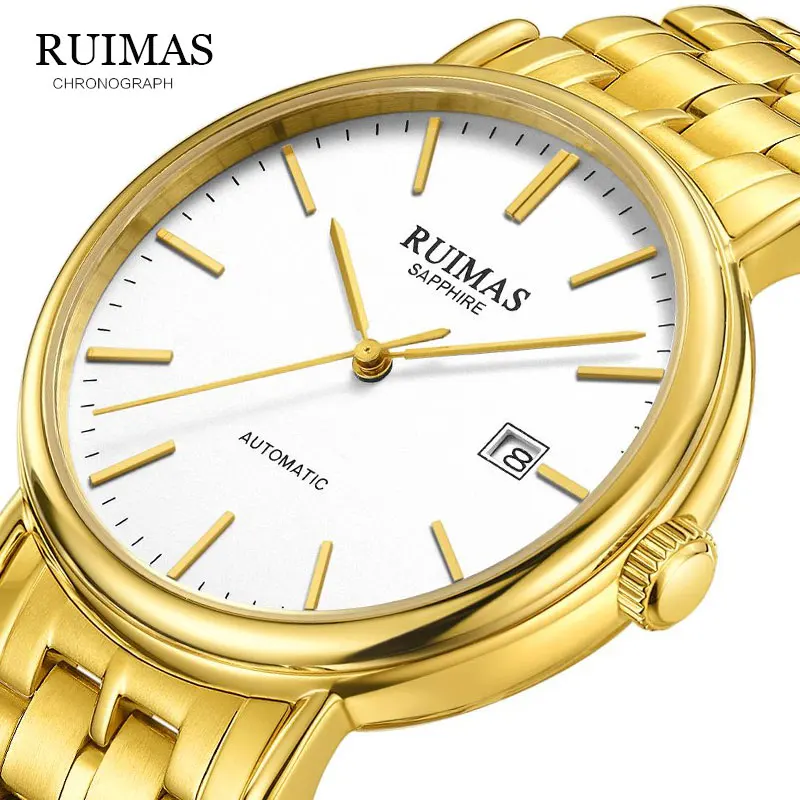 

RUIMAS Luxury Brand Mechanical Watch Auto Date Automatic Self-wind Male Clock 28800 High Beat Watch Relogio Sport RS6727G Gold