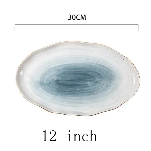 12 inch Deep Blue Набор керамических обеденных тарелок с золотым покрытием, тарелки, фарфоровые тарелки с рисовой рыбой, стейк, десертная посуда, необычная тарелка ручной работы - Цвет: 12 inch Deep Blue