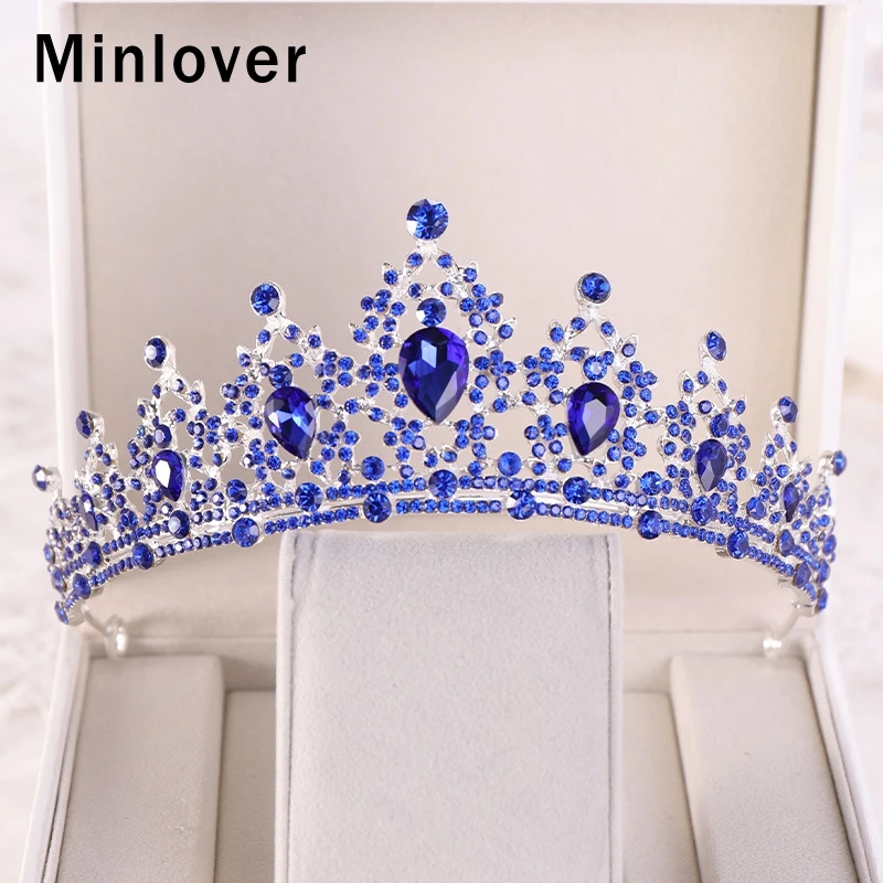 Minlover золото/синий цвет кристалл свадебные диадемы Короны барокко невесты