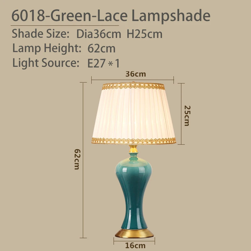 6018-Green-Lace Медная настольная лампа для спальни, прикроватная лампа, Цзиндэчжэнь, керамическая лампа, роскошная, для гостиной, украшенная светодиодными лампами - Цвет абажура: 6018-Green-Lace