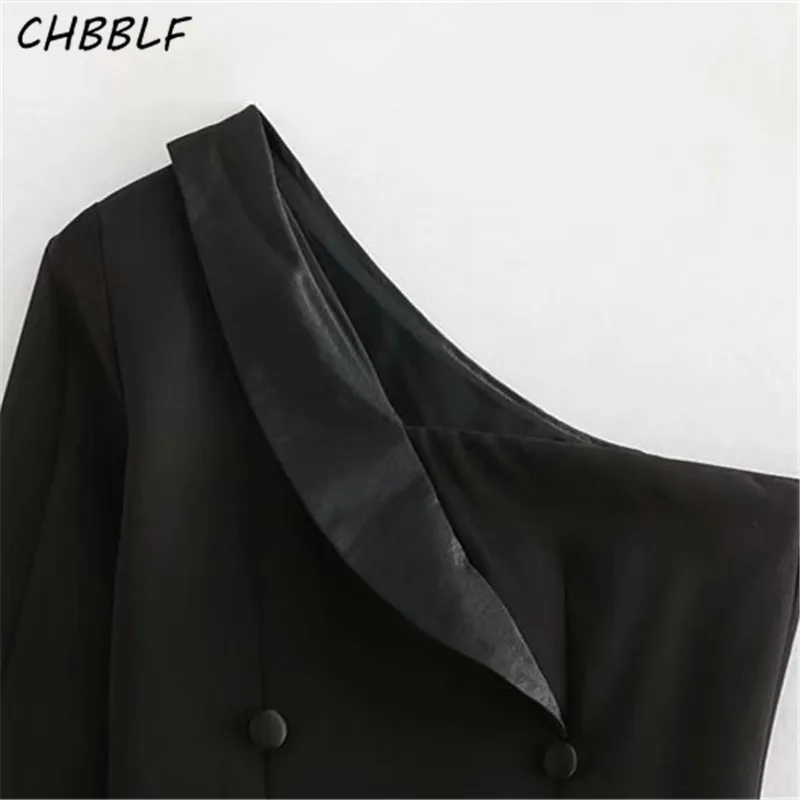 CHBBLF женское черное мини-платье с одним плечом пуговицы длинным рукавом