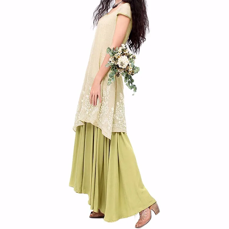 Летнее повседневное женское платье с коротким рукавом и круглым вырезом, свободные длинные платья макси, винтажные вечерние платья с вышивкой из хлопка и льна