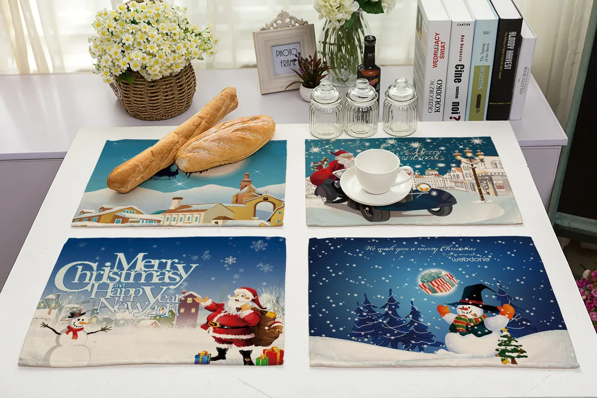 Cartoon Cotton Linen Christmas Placemat Rectangle Table Mats for Dining Table Home Kitchen Decoration Accessories Table Coaster