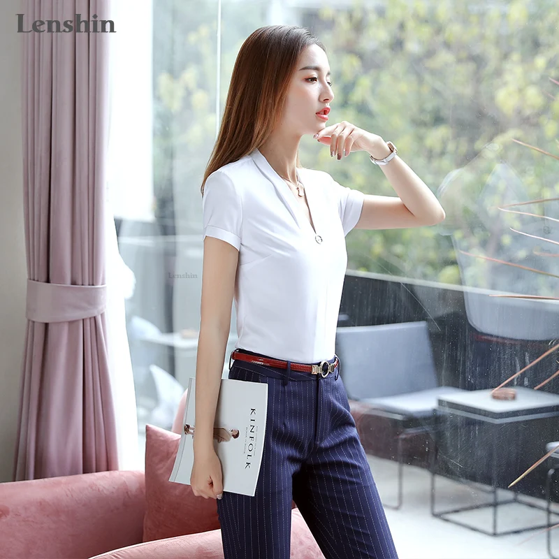 Lenshin белая рубашка с коротким рукавом и v-образным вырезом элегантная женская