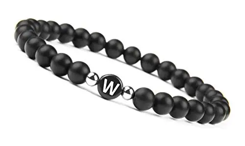 Letter W bracelet Браслет из бисера с натуральными камнями для мужчин и женщин, A-Z браслет с 26 буквами, 6 мм, матовый черный оникс, браслеты ручной работы, модное ювелирное изделие - Окраска металла: Letter W bracelet