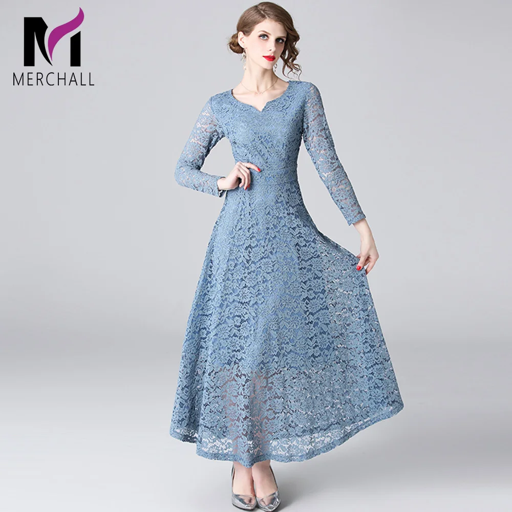 Женское длинное кружевное платье Merchall Кружевное Платье макси с длинным рукавом и вырезами вечерние платья