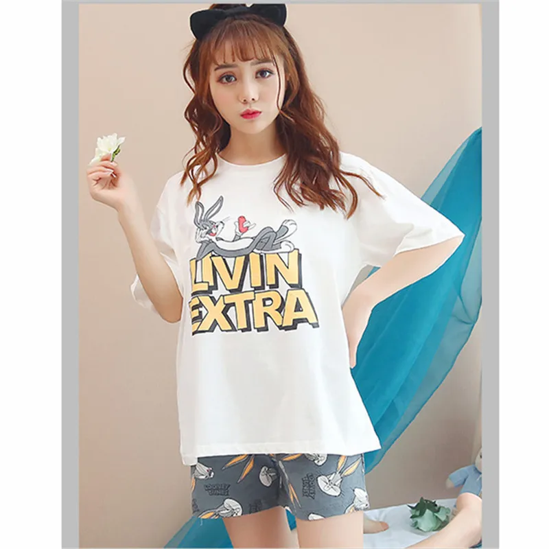 

Plus Size Summer Tops for Women 2018 Cotton Sweet Shorts Pajamas Print Two Piece Sleepwear