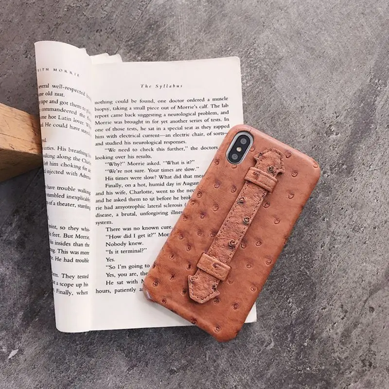 Light Brown Зеленый высококачественный кожаный страусиный узор кронштейн задний Чехол для телефона для iphone 6 6s 7 8 Plus все включено анти-осень крышка XS Max X - Цвет: Light Brown