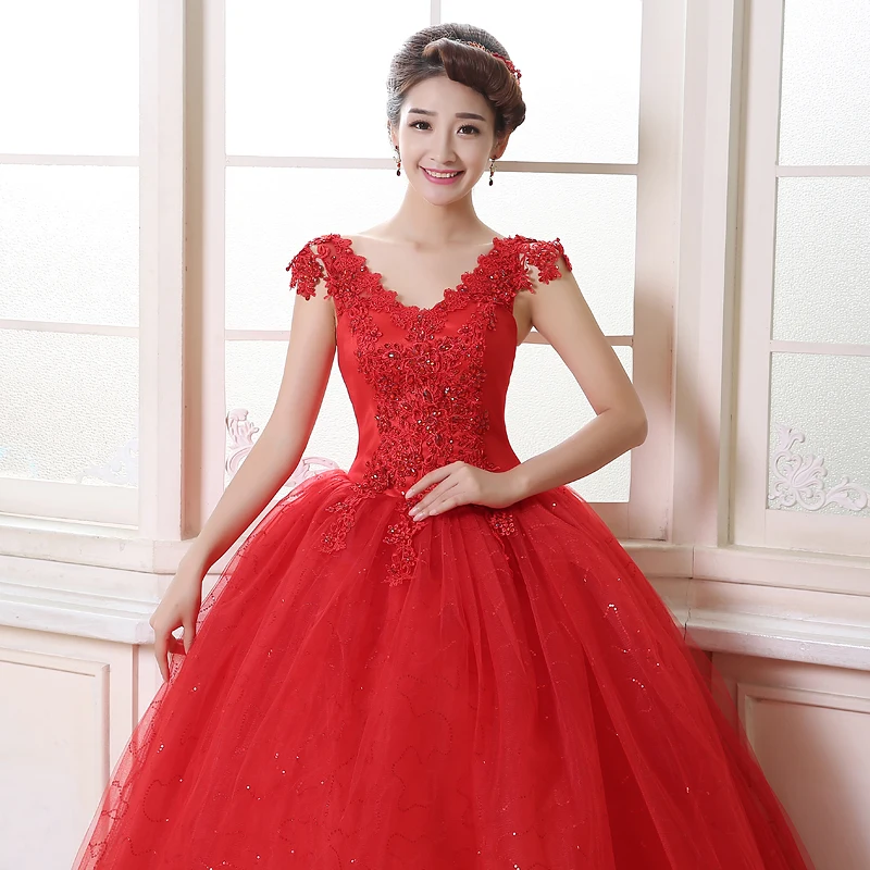 Vestidos De Novia красный, белый с украшением в виде кристаллов с v-образным вырезом Свадебные платья большой размер, принцесса кружева дешевые женские платья HS159