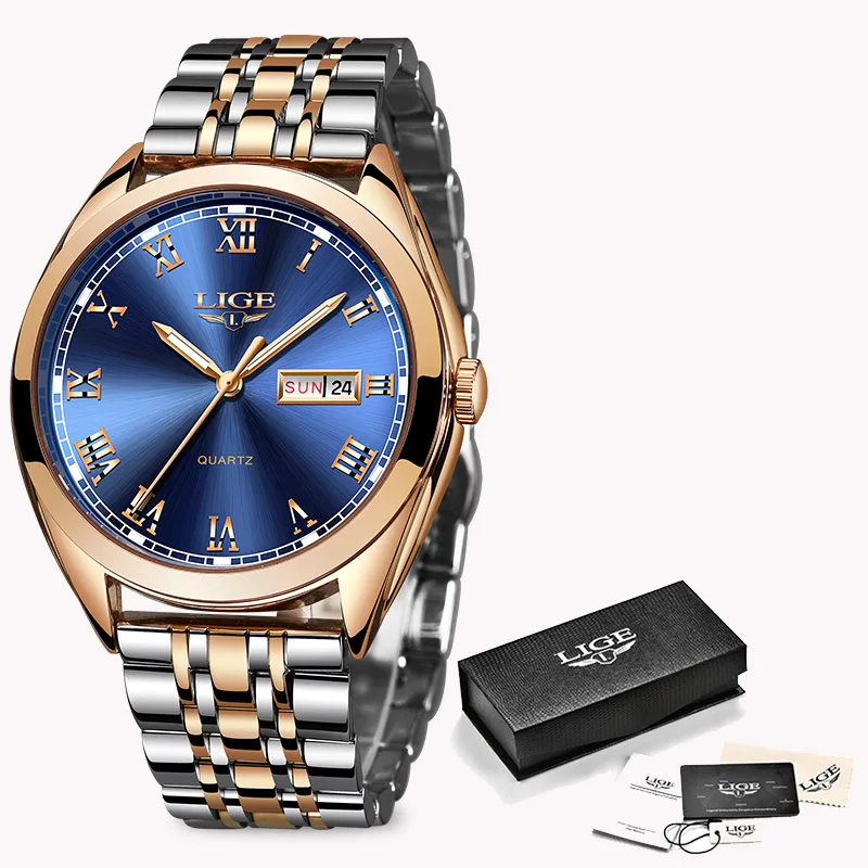 Rose gold blue Новинка года. Мужские часы LIGE от ведущего бренда. Модные мужские часы с хронографом из нержавеющей стали. Водонепроницаемые деловые мужские наручные часы. Мужские часы - Цвет: Rose gold blue