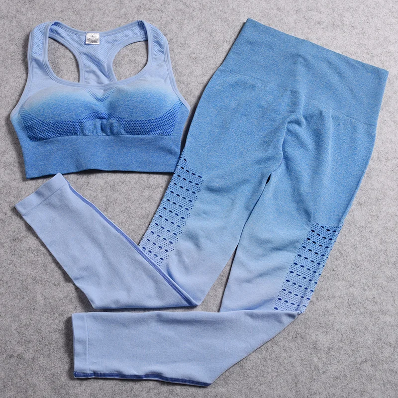 

2PCS Hollow-Out Workout Set Women Seamless Ombre Yoga Set Sportswear Fitness Clothes Women Gym Clothing Gym Leggings Sports Set