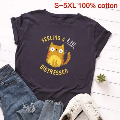 navy blue SINGRAIN женская летняя футболка, хлопок, мультяшный желтый кот, S-5XL размера плюс, модные топы, принт с животными Китти, женская футболка - Цвет: navy blue