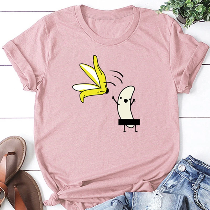 Casual Cotton Funny T-shirt Women's Nude Color Banana Cartoon Printing Short-sleeved O-neck Cute Women Summer 2019 | Женская одежда