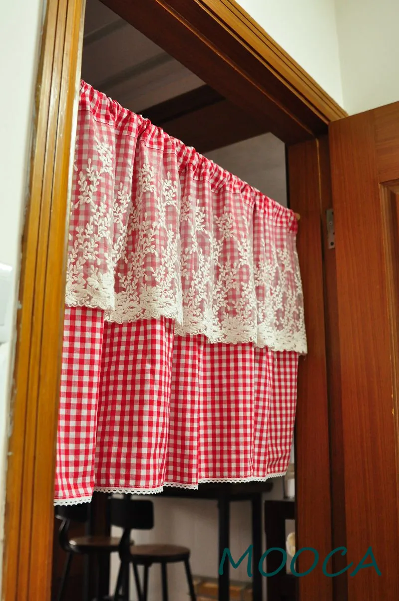Красно-белая клетчатая штора в клетку с кружевной Короткая занавеска для кухни |