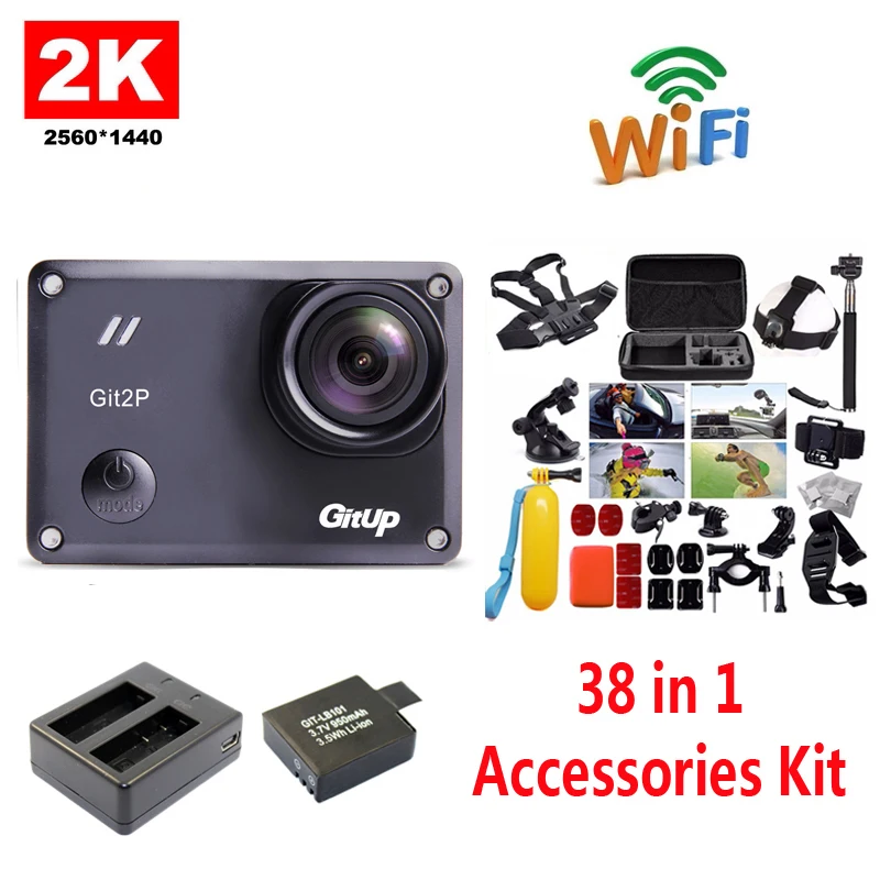 GitUp GIT2P 2K WiFi камера 30fps 1080P спортивная Экшн-камера+ дополнительная 1 шт. батарея+ зарядное устройство+ 38 шт. набор аксессуаров