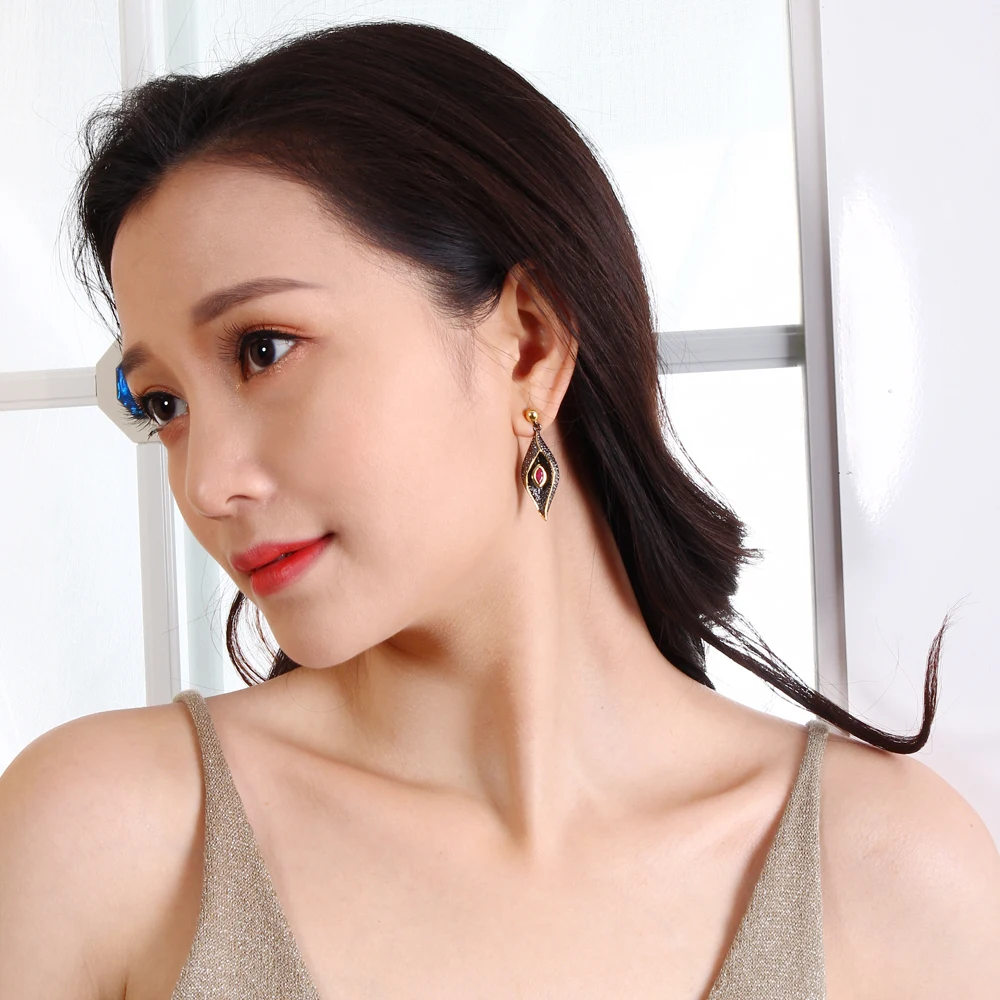 DC1989 Red Evil eyes Long Drop earrings Black Gold Plated Red Bezel setting Cubic Zirconia Brass Lead free earrings(SE3321