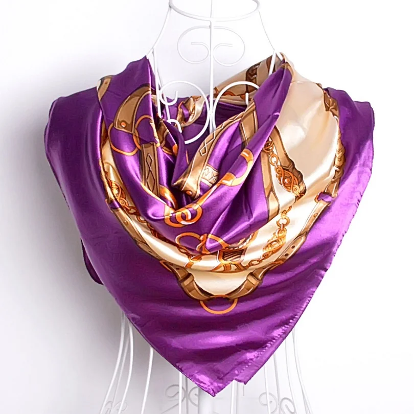 purple 68 Красный шёлковый шарф женский шарф, китайский стиль атласный большой квадратный шарф с принтом, Женский брендовый шелковый шарф из искусственного шелка, модная шаль 90*90 см - Цвет: purple 68