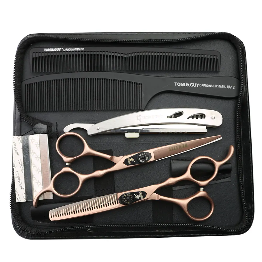 

6 inch rose gold spring adjustable hair scissors set cutting scissors & thinning scissors hair razor and comb case