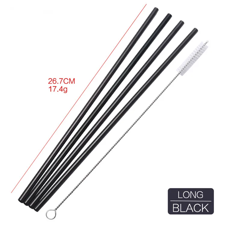 Black Straight 4 шт Металлические питьевые соломинки многократного использования Красочные нержавеющей стали соломы+ 1 щетка Металл напиток Yerba сок бар аксессуары вечерние - Цвет: Black Straight