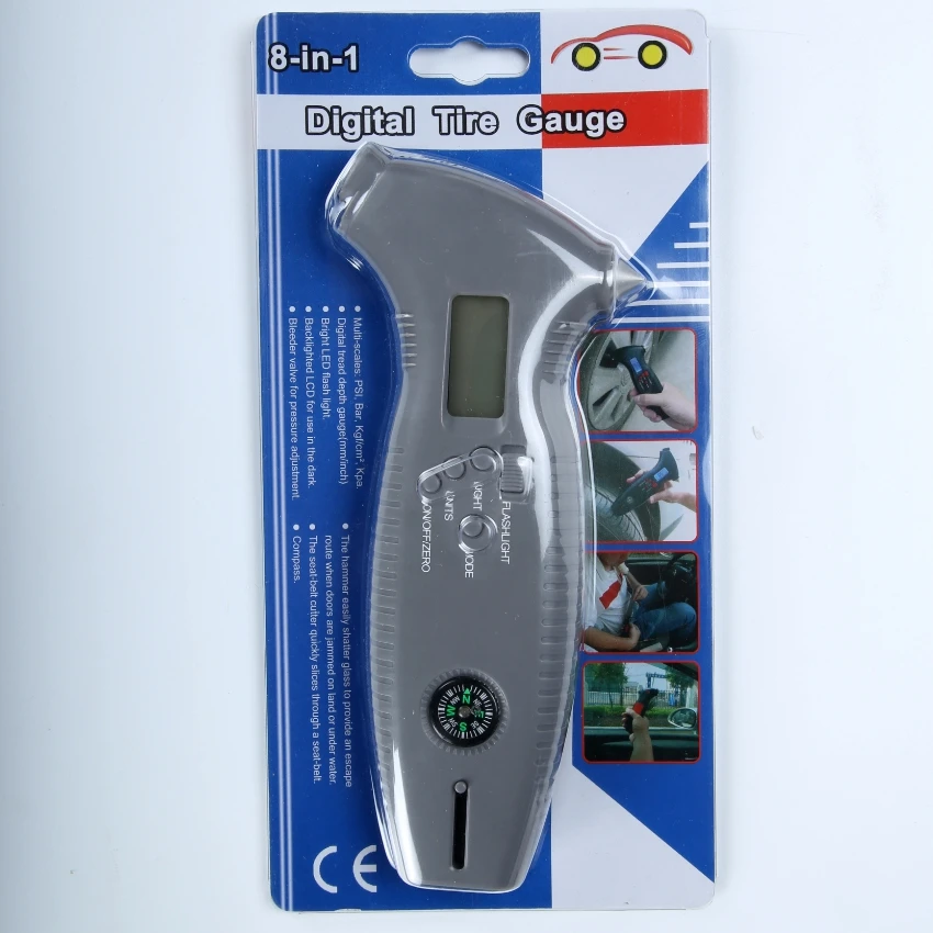 

8in1 Digital LCD Car Tire Gauge Meter Portable Car Tire Tread Depth Safe Hammer Emergency Lighting Pressure Relief Valve Compass