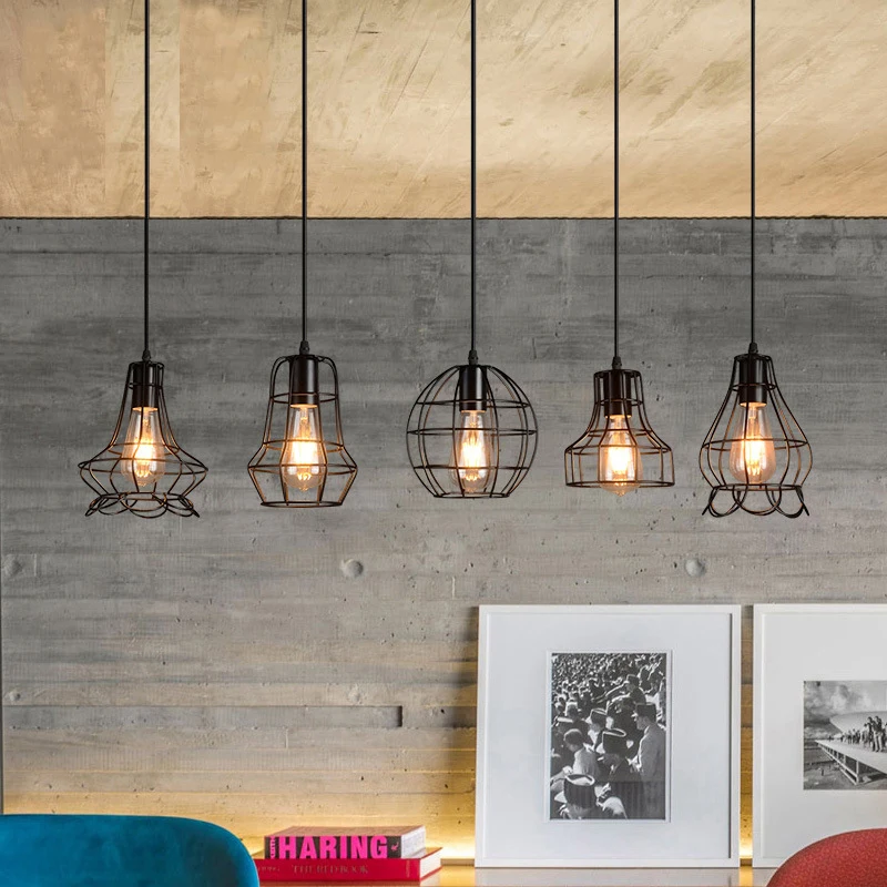 

KARWEN Modern Iron Cage Vintage Led Lamp Bulb loft pyramid LED bulb Edison Chandelier Retro Concise Metal Hanging Lamp E27 LED