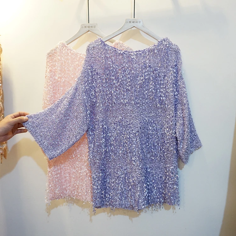 Женский трикотажный свитер Cakucool свободный с коротким рукавом и блестящими