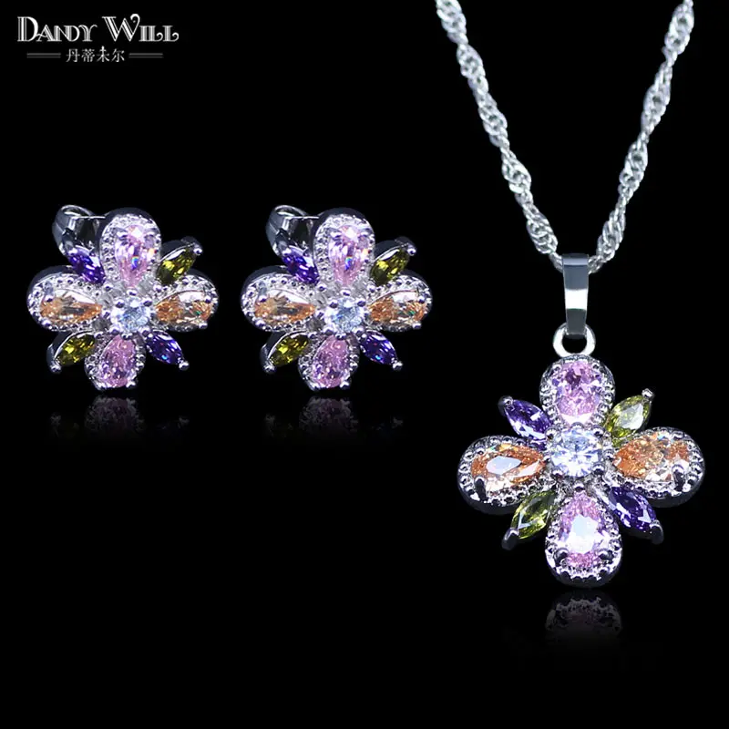 Винтажный красивый ювелирный набор с цветком и кристаллами серебряный цвет