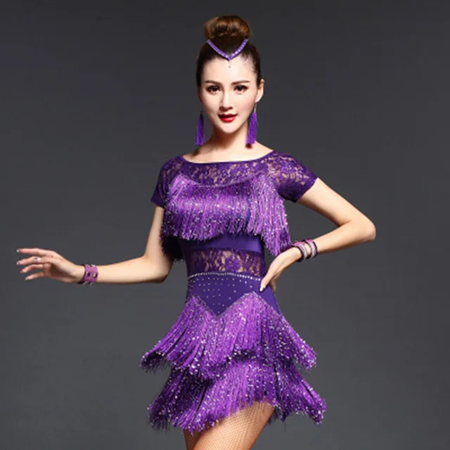 Short Sleeve Purple Новинка, костюм для латинских танцев, спандекс, бахрома, 5 цветов, платье для латинских танцев для женщин, длинный короткий рукав, платья для латинских танцев 155 - Цвет: Short Sleeve Purple